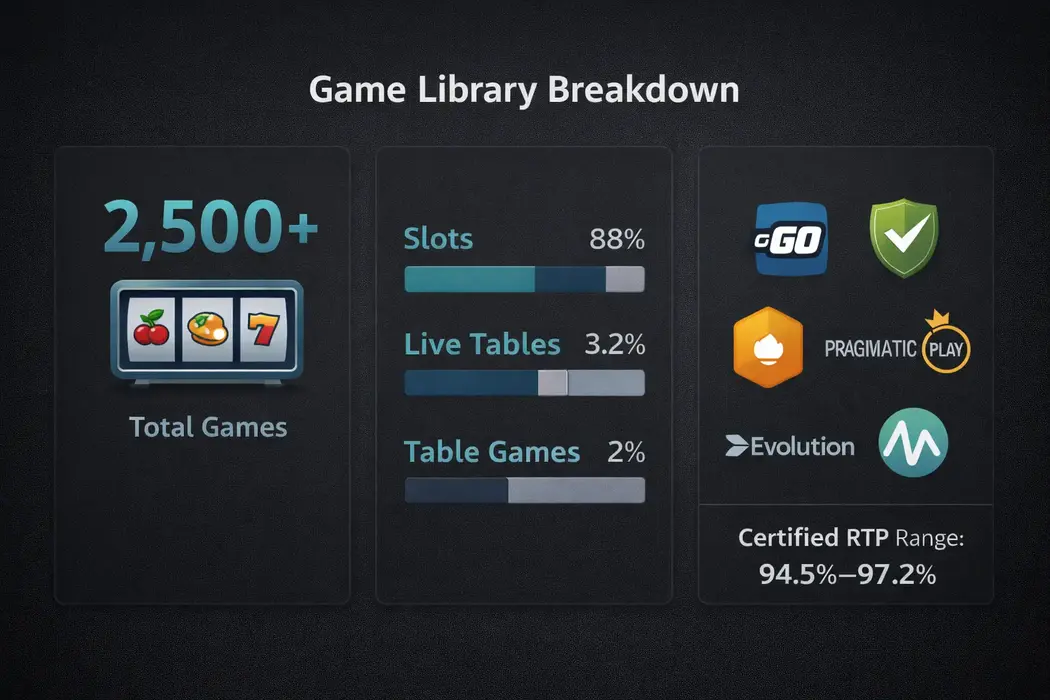 Lucky Days Casino game library infographic showing 2,500 total games broken down by category with top provider icons and RTP range for NZ players.