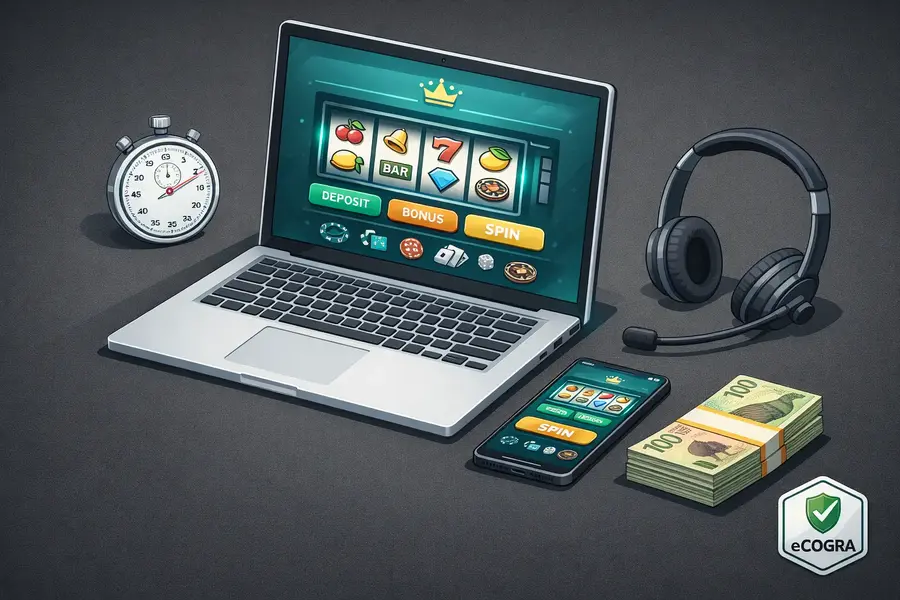 Lucky Days Casino testing methodology illustration showing laptop, smartphone, NZD banknotes, stopwatch, and support headset used during the review process.