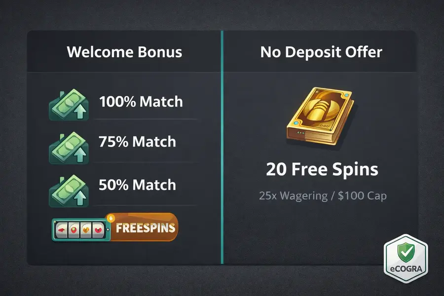 Lucky Days Casino bonus comparison card showing three-deposit welcome package versus no-deposit 20 free spins offer with wagering requirements and caps.
