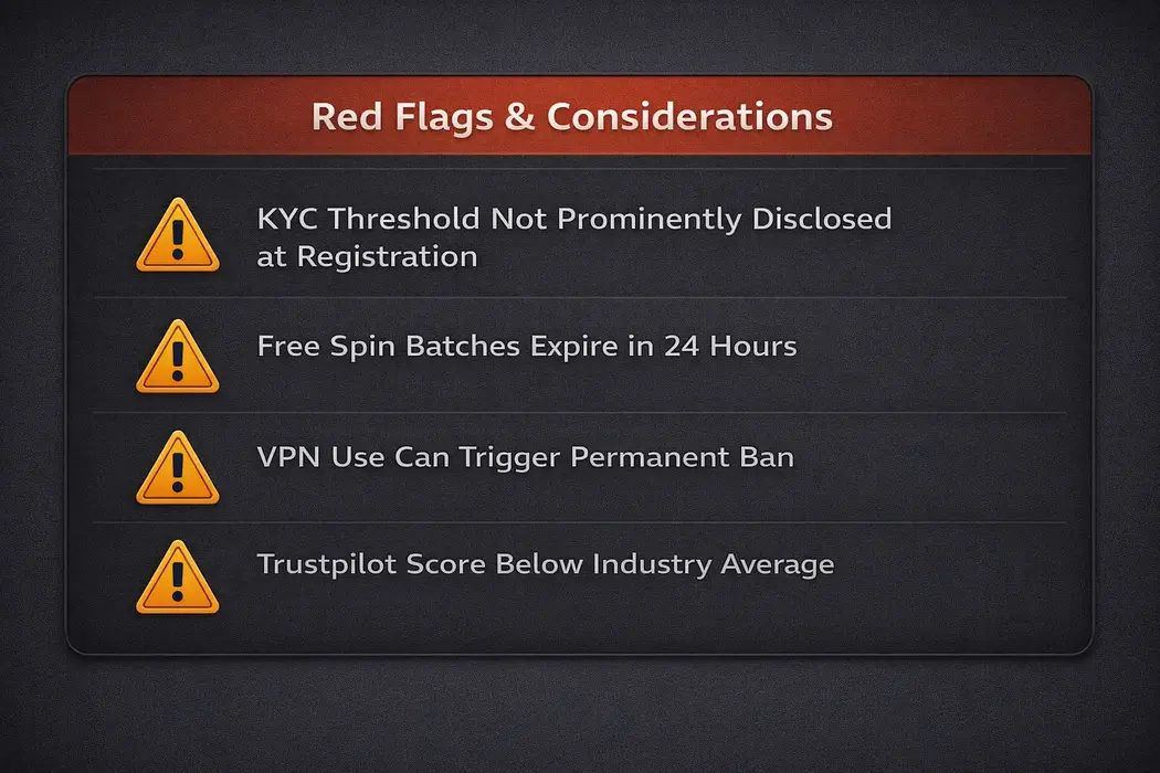 Lucky Days Casino red flags infographic listing four key considerations including KYC disclosure, free spin expiry, VPN ban risk, and Trustpilot score.